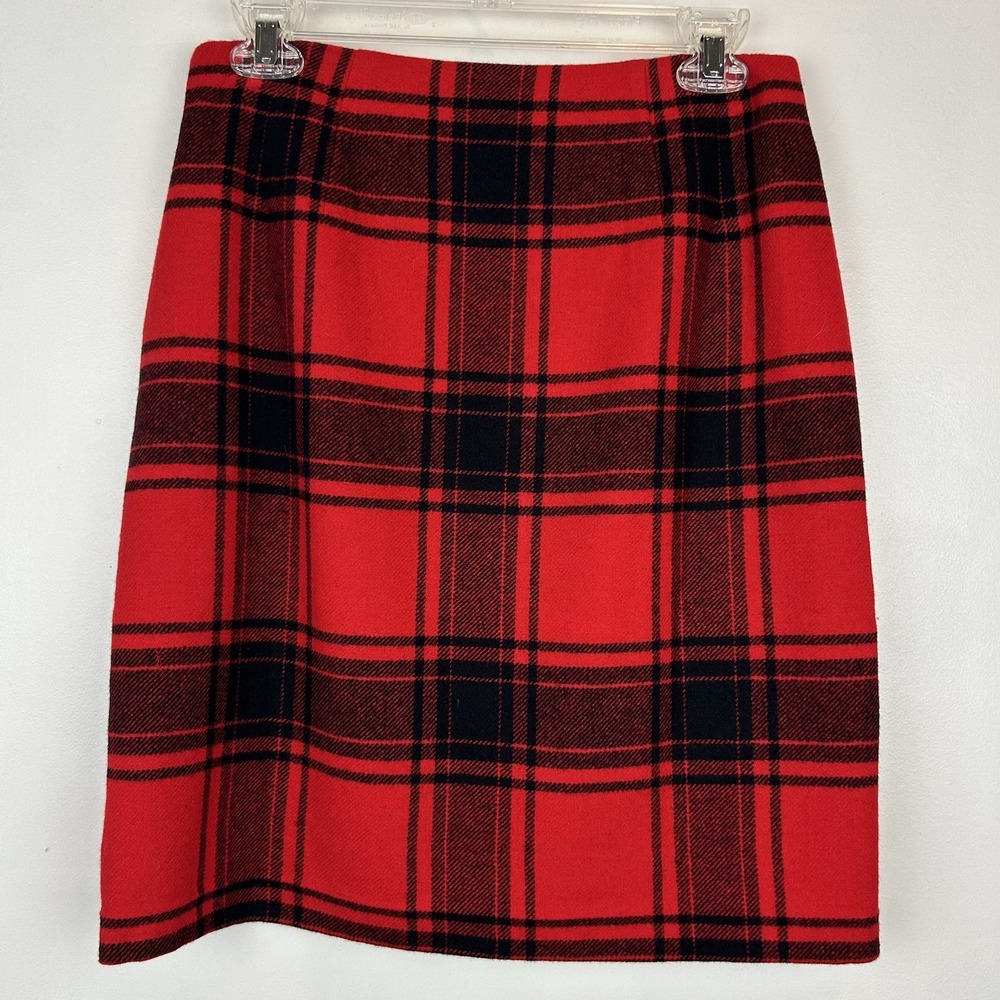 Talbots Skirt Women 4 P Red Black Tartan Plaid Wool Blend Side Zip Holiday